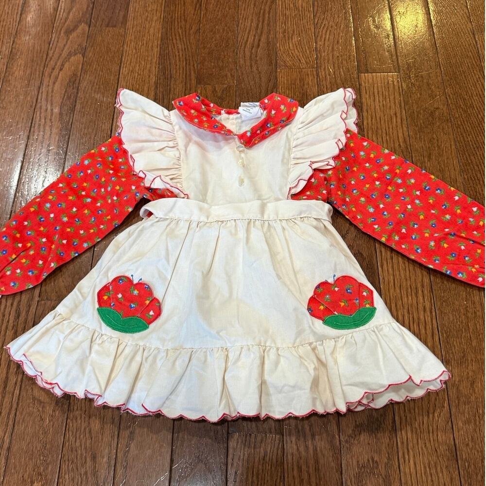 90s Vintage Nannette Prairie Dress 3T Red Floral White Apron Ruffle Cottagecore